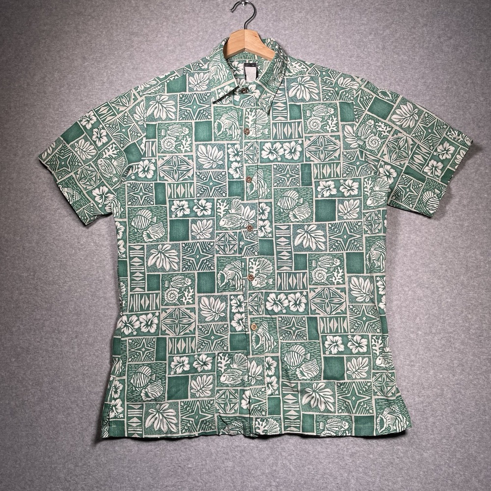 Vintage Moana Shirt Co. Green Floral Fish Tribal Aloha Shirt‎ Coconut Buttons L